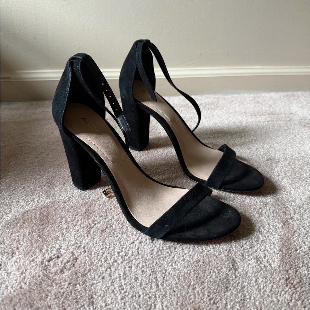Aldo Black Suede Block Heel Ankle Strap Sandals